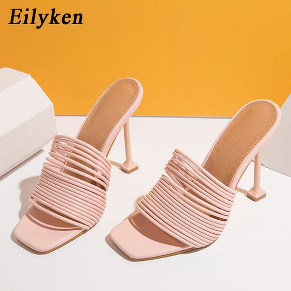 

eilyken 2021 new women slides female square toe trappy mules high heels slippers sandals summer party slippers size 41 42, Black
