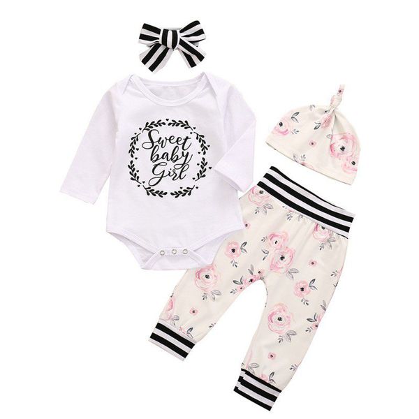 

4pcs newborn baby girl clothes infant baby girl sets letter romper flower pants headband cap newborn outfits, White