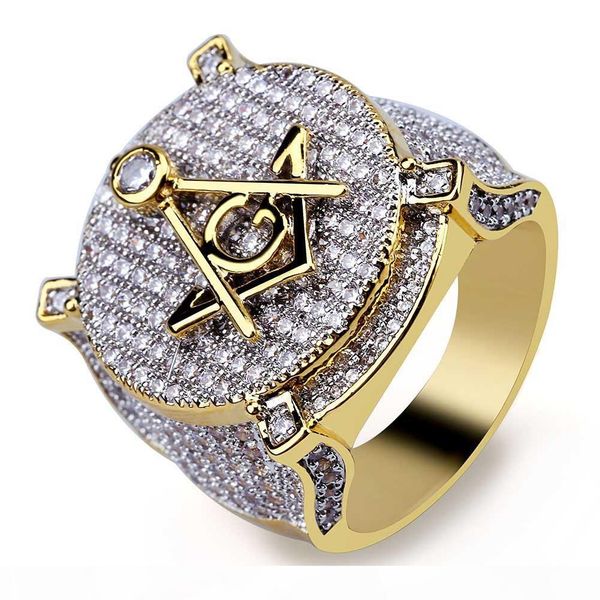 

hip hop micro pave zircon masonic signet gold ring iced out full cz stone round ring for male women mason ring band, Silver