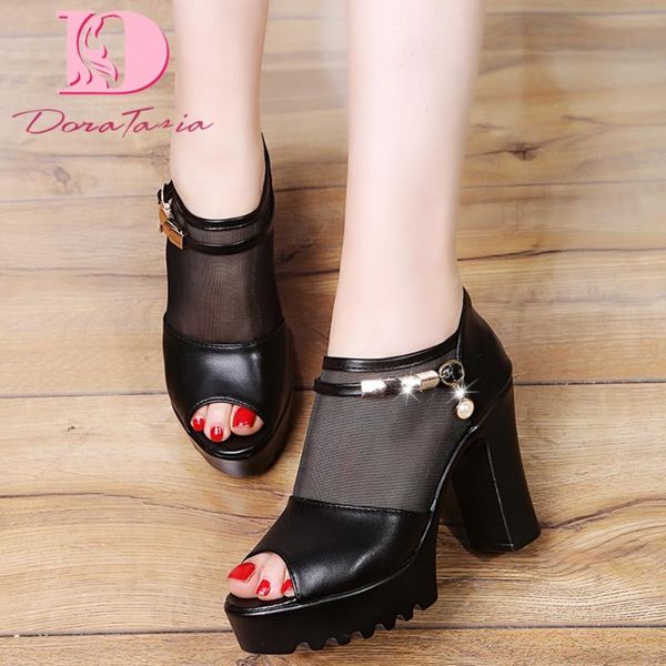 

doratasia 2020 women sandals square heel peep toe zip metal decoration med platform pumps summer party woman shoes, Black