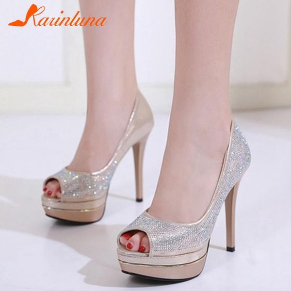 

karin 2020 new design thin high heels party club pump woman shoes slip on peep toe cover hee crystal platform bling sandals, Black