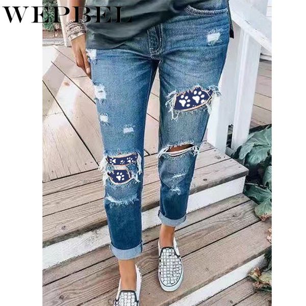 

wepbel jeans women's fashion hole ripped patchwork jeans autumn casual mid-waist denim pencil pants, Blue