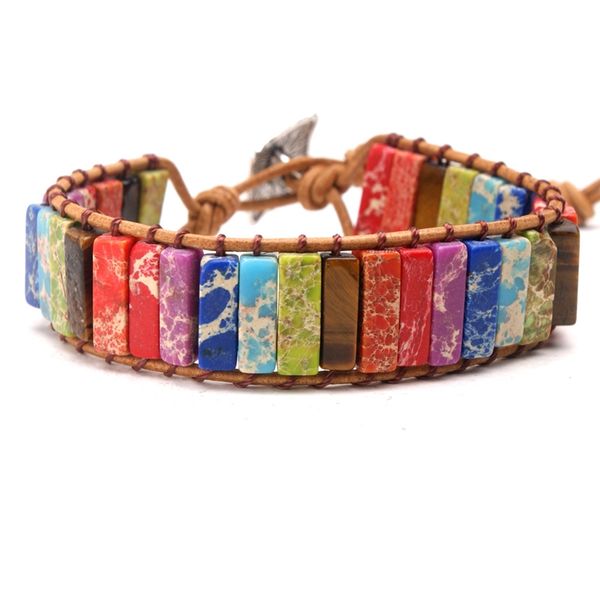 

2pcs chakra bracelet jewelry handmade multi color natural stone tube beads leather wrap bracelet couples bracelets creative gift, Golden;silver
