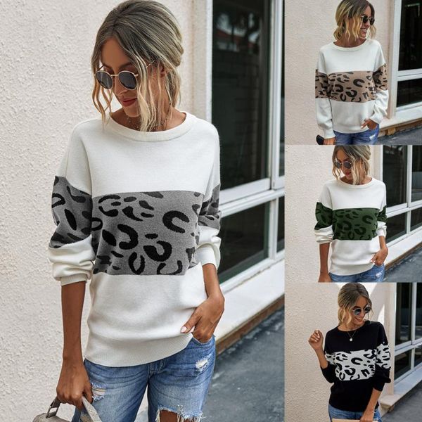 

amazon 2020 european and american cross-border women's new leopard round neck pullover women's sweaters, White;black