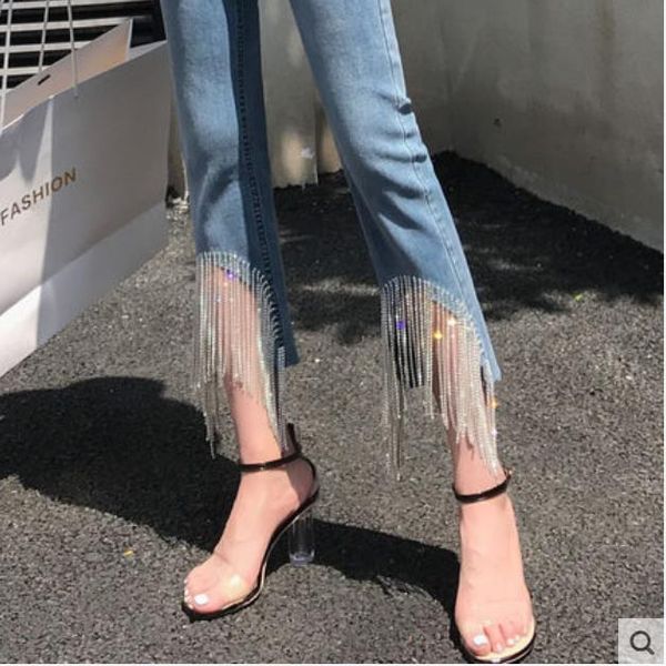 

plus size 25-32women rhinestone beading tassel chain flare jeans 2020 new fashion skinny jeans, Blue