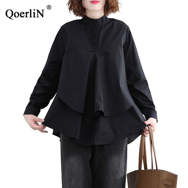 

qoerlin black womens and blouses long-sleeved mandarin collar pullovers blusas 2020 spring oversize shirts female, White