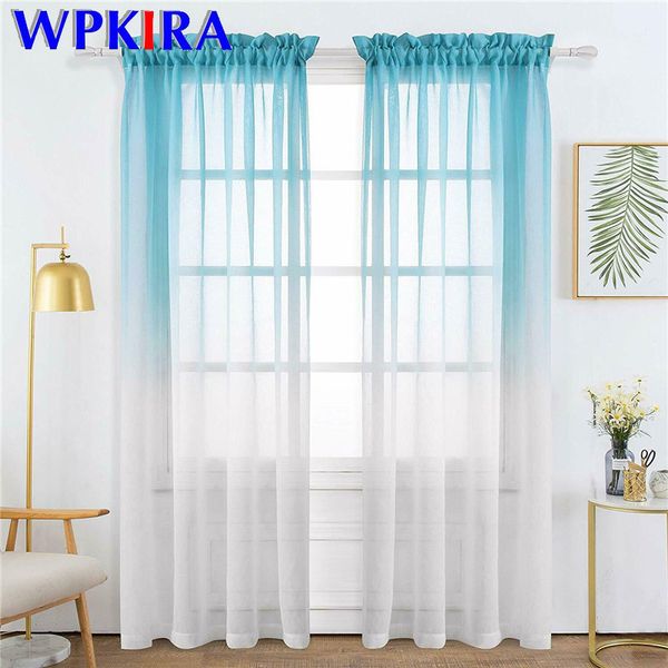 

1 pcs rod pocket sheer tulle fabric gradient curtains for living room bedroom blue grey pink and white curtain wedding decor d3