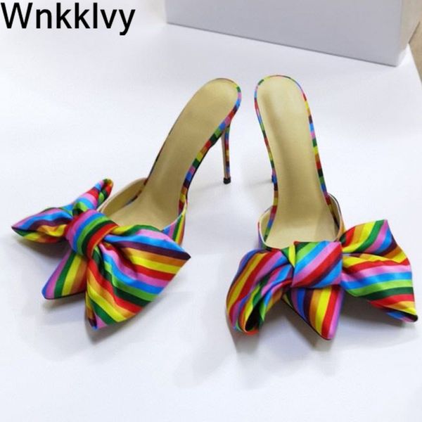 

big butterfly-knot slippers summer party dress shoes women thin high heels pointed toe rainbow color stripes sandals 2020, Black