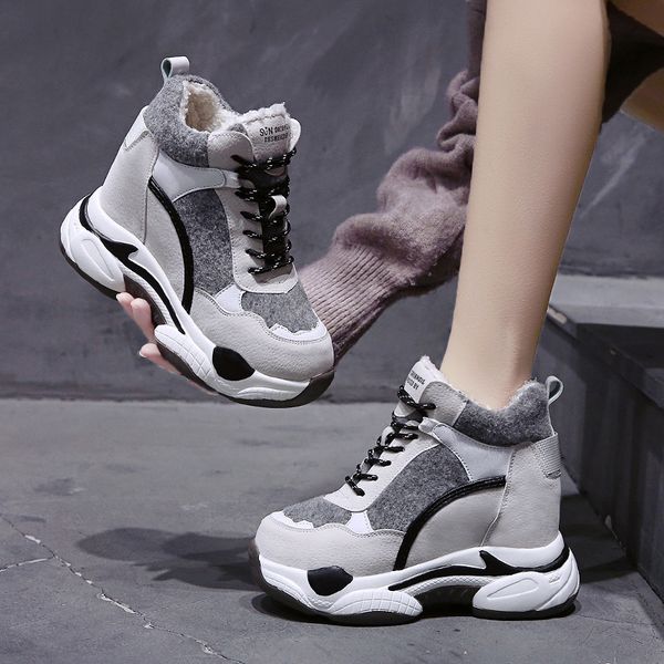 

2020 new winter women ankle boots 8cm heels high wedge boots warm fur platform leather sneakers cotton snow for woman, Black
