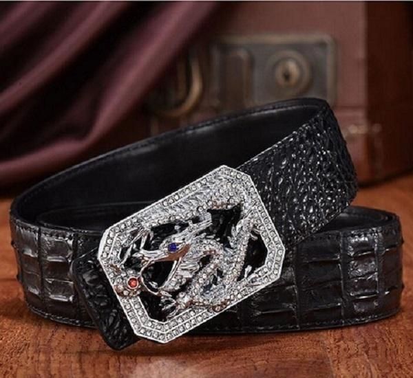 

tan brown men designer crocodile leather belt fashion luxury glittering diamonds 3d dragon smooth buckle 125cm 1201, Black;brown