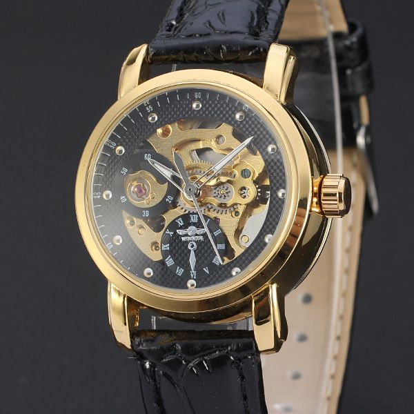 

50pcs/lot winner-d115 hollow out winner watch good quality mechanical leather watch wrap casual charming for men, Slivery;brown