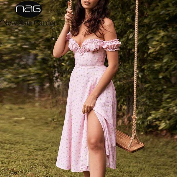 

newasia pink floral midi dress women off shoulder ruffles long dresses summer strapless side split print dress beach, Black;gray