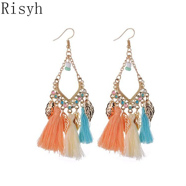 

stud risyh bohemian fashion leaf tassel earrings women's ear studs, Golden;silver
