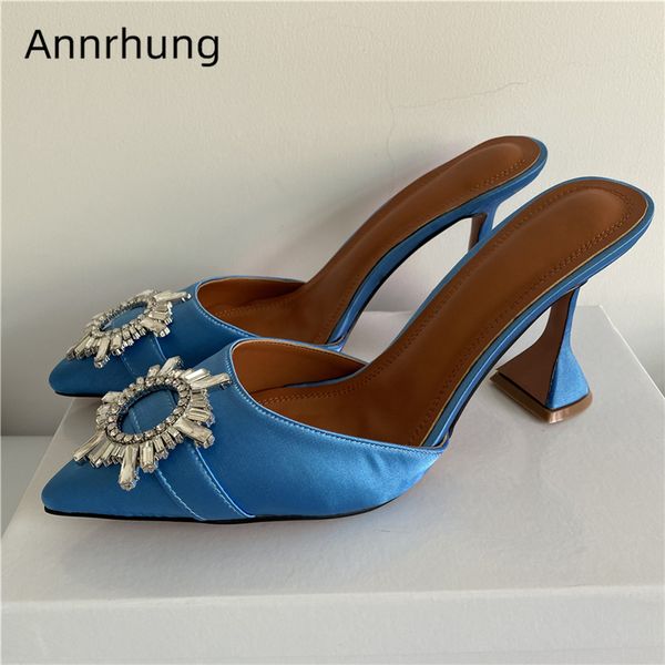 

jeweled sunflower buckle belt runway shoes woman high goblet heel pointed toe luxury satin slip-on summer 2020 slippers women, Black
