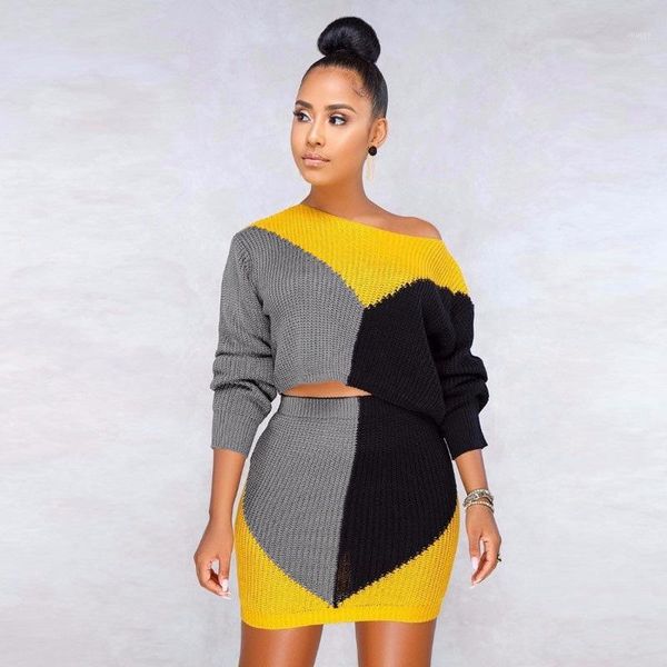 

out knitted dress suits long sleeve contrast color sweater suit womens clothing 2 piece set dropshipping hollow, White