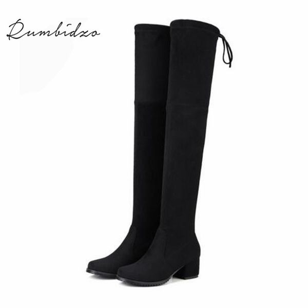 

rumbidzo women boots 2020 over knee high boots slim thick heel lace up round toe 4.5cm heel woman bootie, Black
