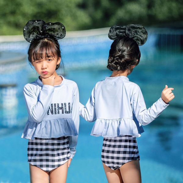 

kids swim shirt with high waisted shorts long sleeve sun uv protection beach cover two piece swimwear swimsuit flounce bathing