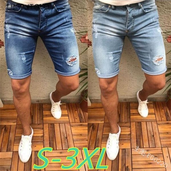 

lugentolo knee length jeans men elastic hole straight curling leisure mid waist washed plus size summer new fashion mens jeans, Blue