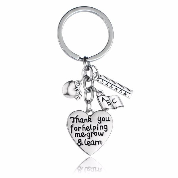 

12pc/lot thank you for helping me grow & learn keychain apple ruler abc book heart charms keyrings for teachers key chains gifts mx190816, Silver
