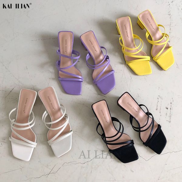 

summer slipper women low heels sandals female ladies shoe square heel peep toe slippers narrow band sandalias mujer 2020, Black