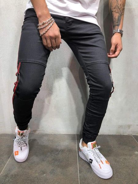 

mens clothes black red striped pencil pants slim fit hiphop harajuku trousers spring summer jeans, Blue