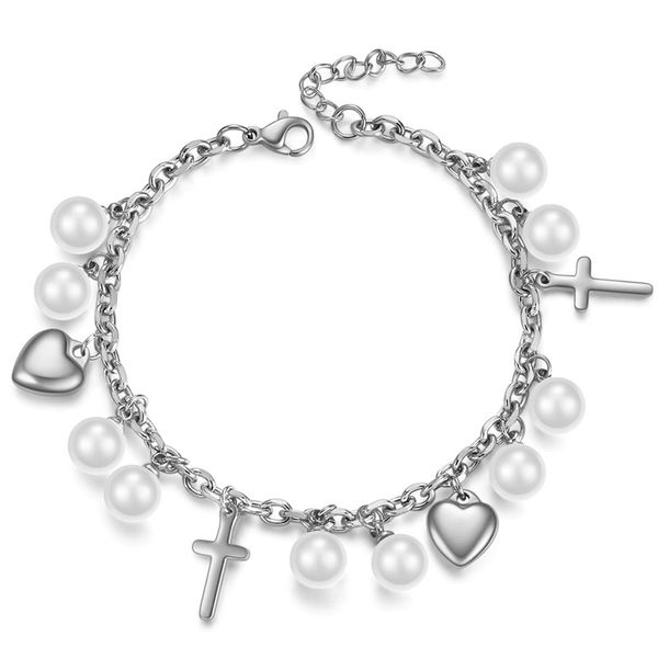 

stainless steel love heart and cross bracelets for women party gift fashion joyas de box chain charm bracelets jewelry wholesale, Golden;silver
