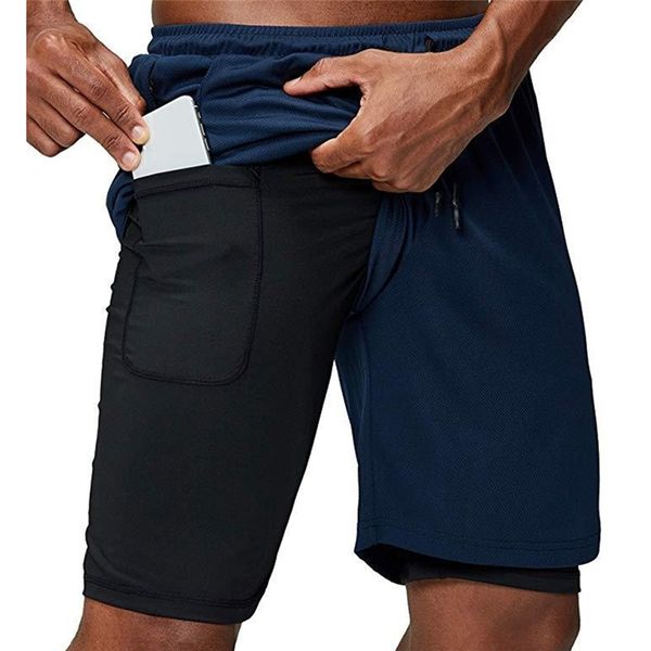 

new casual shorts high-quality zipper pocket shorts men's double-layer fake two pieces quick-drying fitness five-point pants, White;black