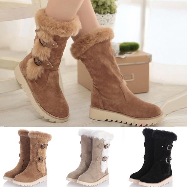 

sagace women snow boots flock fur ladies fashion round toe buckle flat mid-calf boot female winter warm comfortable casual shoes, Black