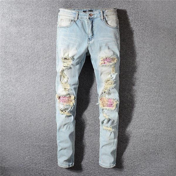 

mens designer jeans fashion street style washed ripped holes pencil pants longmotorcycle biker denim for men designer pants for men, Blue