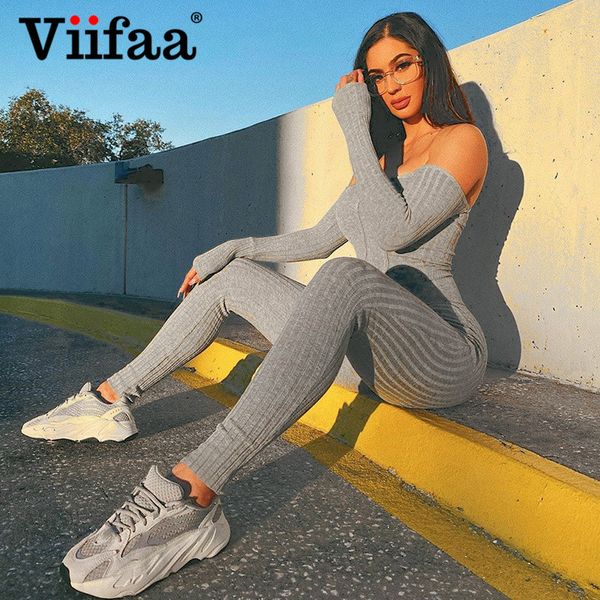 

viifaa off shoulder crop t-shirt and skinny pants grey two piece set club outfits women autumn 2 piece set, Gray