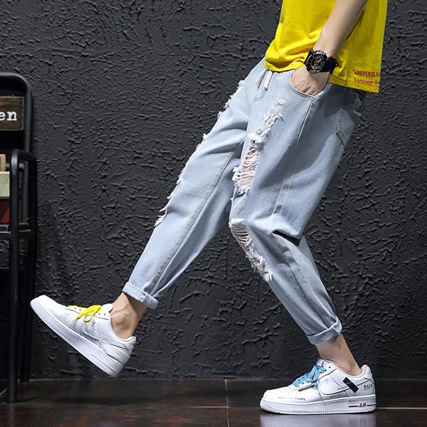 

wholesale 2020 light-colored denim trousers men's summer thin trend casual pants student plus size 5xl loose hole harem pants, Blue