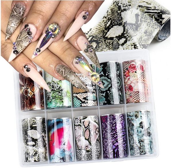 

snake nail foils sets starry sky foil nail wraps stickers strips acrylic gel nail transfer decal 10 rolls set, Black