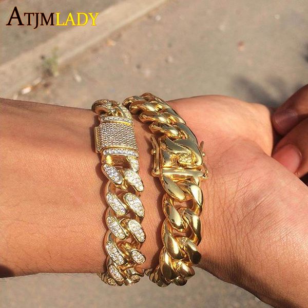 

women men's chunky iced out bling hiphop sparking bling 5a cubic zirconia 18mm width miami cuban link chain cz bracelet, Golden;silver