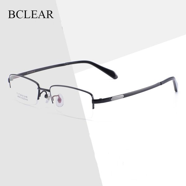 

bclear 2020 businsess men pure titanium glasses frame fashion male square ultralight eye myopia prescription eyeglasses half rim, Black