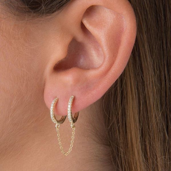 

double piercing 2 hole earring jewelry luxury gorgeous long cz tassel chain link small huggie hoop earrings white green colors, Golden;silver