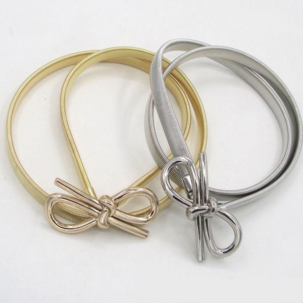 

women bow knot waist chain elastic bow pants dress waist belt girdle gold silver waistband thin cummerbund lady dress accessory, Black;brown