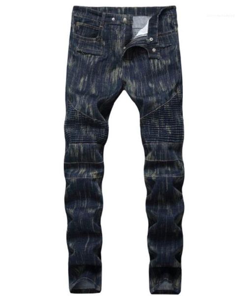 

waist motor fashion mens trousers male apparel straight fold skinny mens long jeans mid, Blue