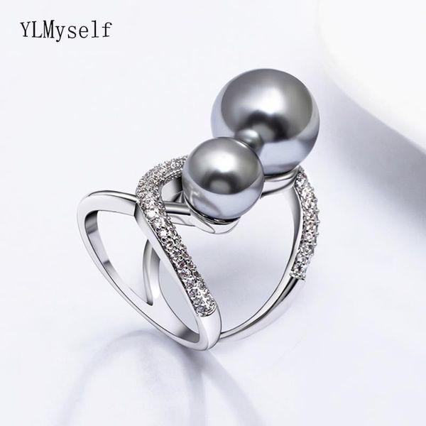 

fashion large pearl ring crystal elegant jewelry women trendy jewellery big beautiful finger rings, Golden;silver