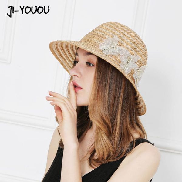 

wide brim hats jiyouou summer for women fashion design girls beach sun hat panama brimmed straw butterfly inlay hoed meisje zomer, Blue;gray