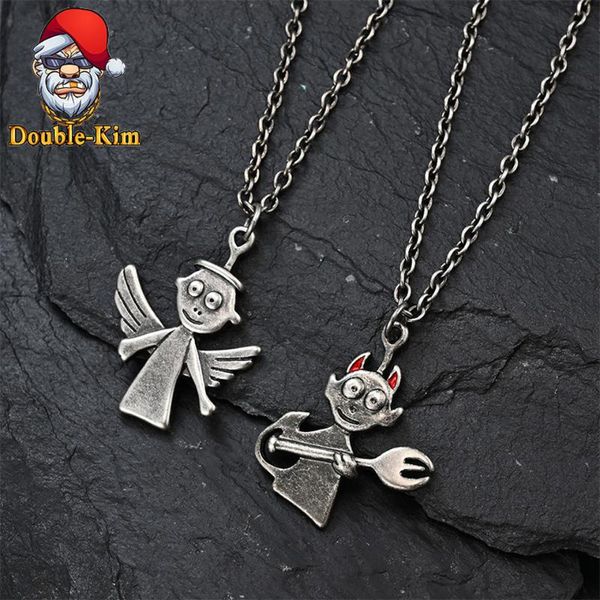 

retro devil angel pendant necklace men hiphop street culture titanium stainless steel fashion trendy chain necklace man jewelry, Silver