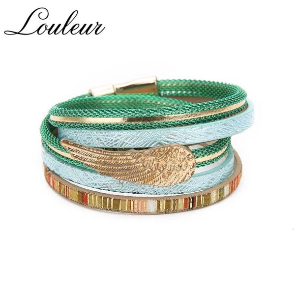 

louleur 6 colors bohemian multilayer leather bracelet women gold wing shiny link chain magnetic clasp bracelets bangles girls, Red;blue