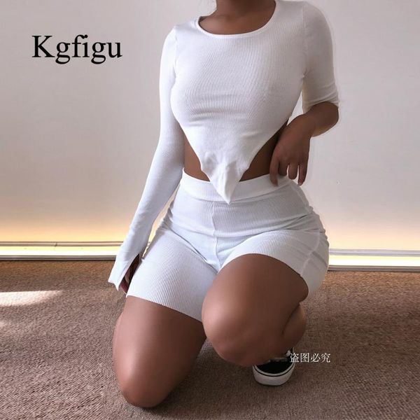 

kgfigu solid bodycon women matching set irregular sleeve fashion casual two piece outfits basic crop and shorts clothes, Gray