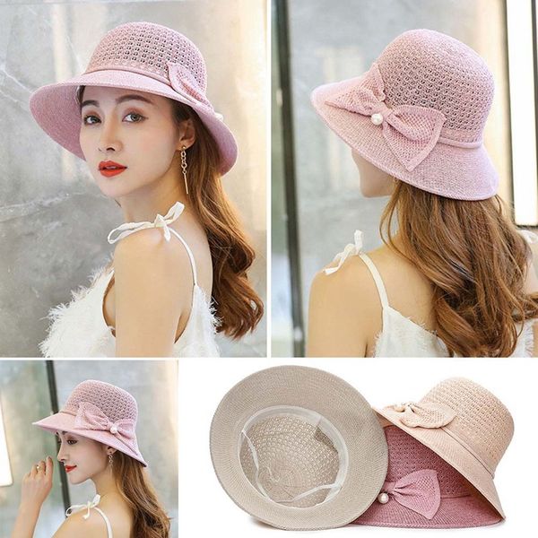 

summer new style bow summer hat women's outdoor sun-resistant beach bucket hat large pearl sun for women with big heads, Blue;gray