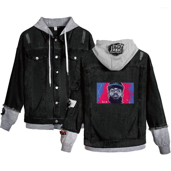 

hussle denim jackets hooded fake 2pcs r.i.p hiphop casual street jacket 19ss men teenager rapper coats nipsey, Black;brown