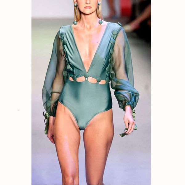 

women's plunge cutout monokini one-piece swimsuit see through long sleeve swimwear mesh bating suits