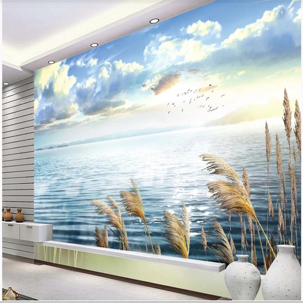 

beautiful scenery wallpapers lake reed blue sky and white clouds landscape wallpapers mural background wall