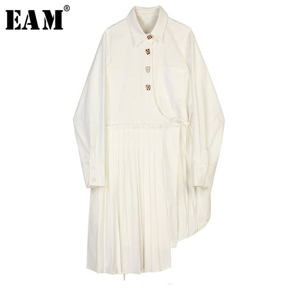 

eam] women white pleated bandaeg irregular shirt dress new lapel long sleeve loose fit fashion tide spring autumn 2020 1x755, Black;gray