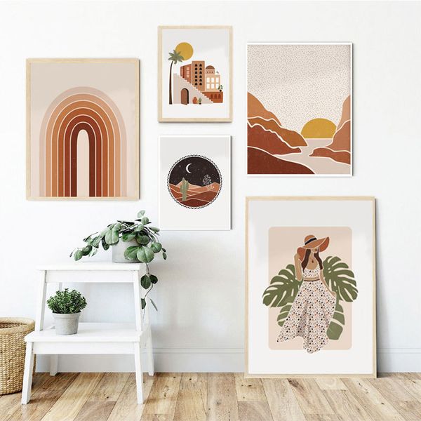 

abstract girl sunrise geometric leaf plant nordic posters and print wall art canvas painting wall pictures for living room decor
