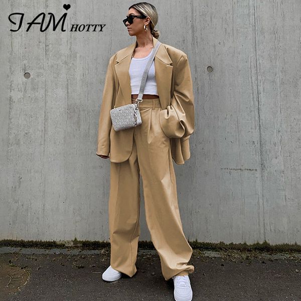 

solid coat wide leg pants suit office lady single breasted jackets straight high waist streetwear two piece set women iamy, White