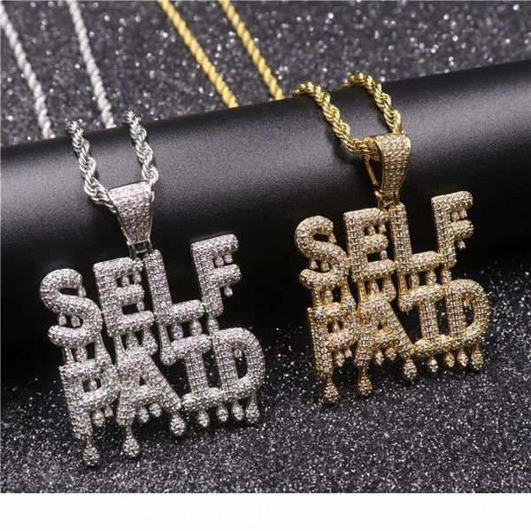 

hip hop iced out zircon 2 rows drip small letter self paid necklace pendant brass gold silver plated mens bling jewelry gift
